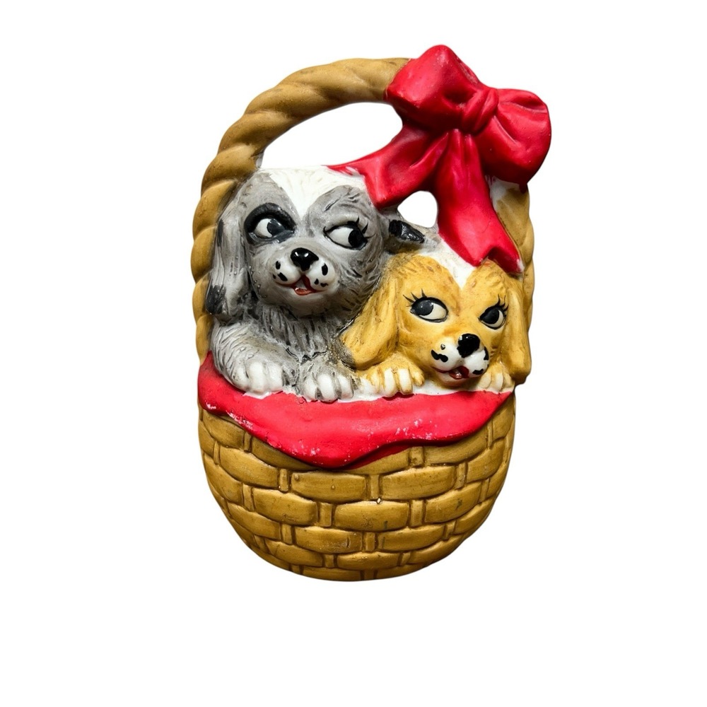 VTG 1985 Giftco Dog Basket Bell Figurine‎ Cute Puppies Red Bow Christmas Holiday